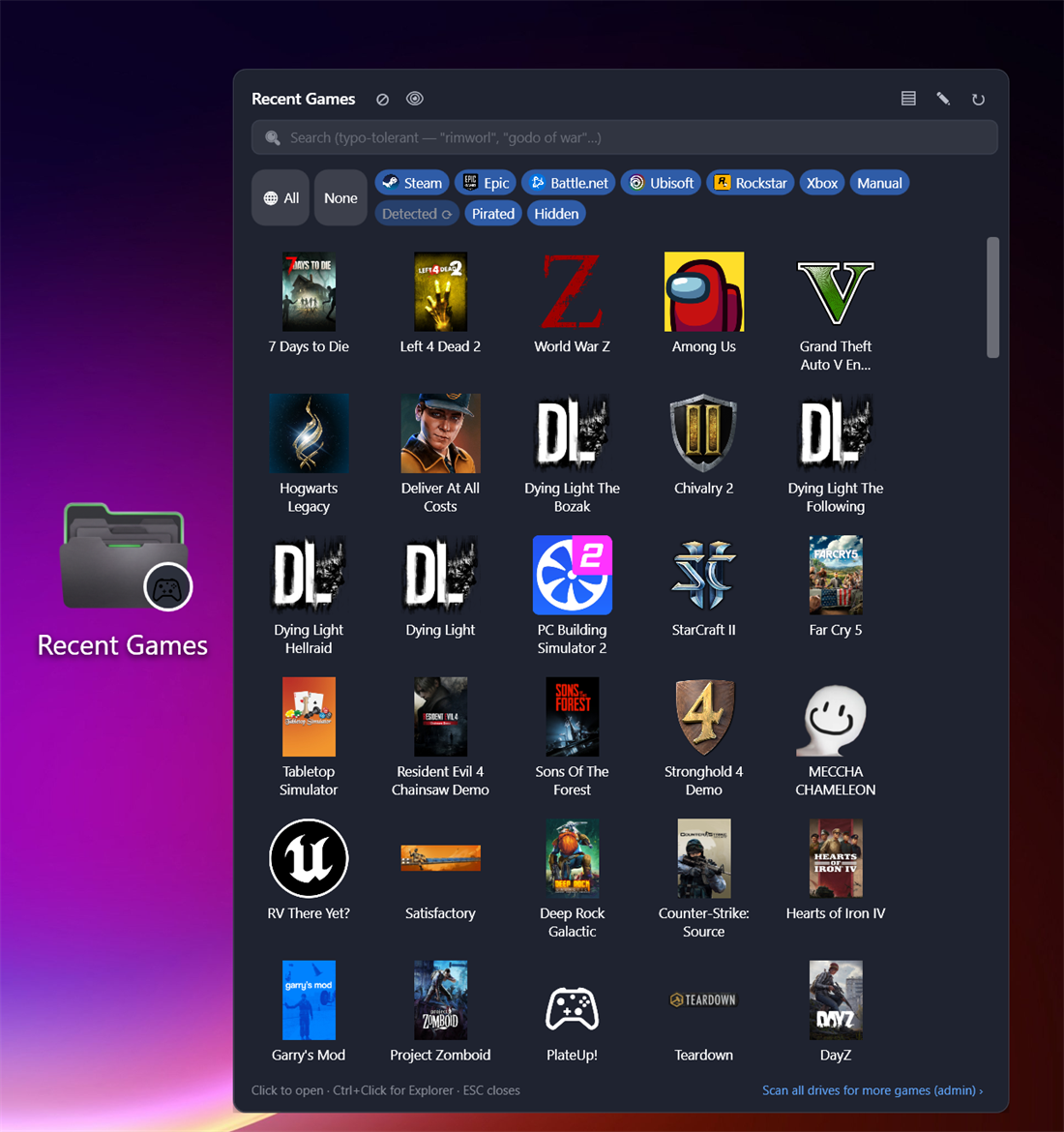 Recent Games widget showing game covers from Steam, Epic and more