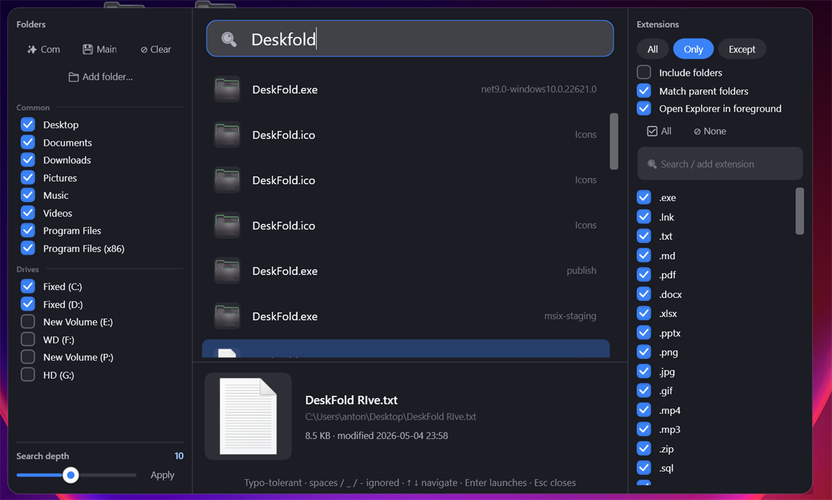 DeskFold Spotlight with typo-tolerant results, folder scoping and extension filters